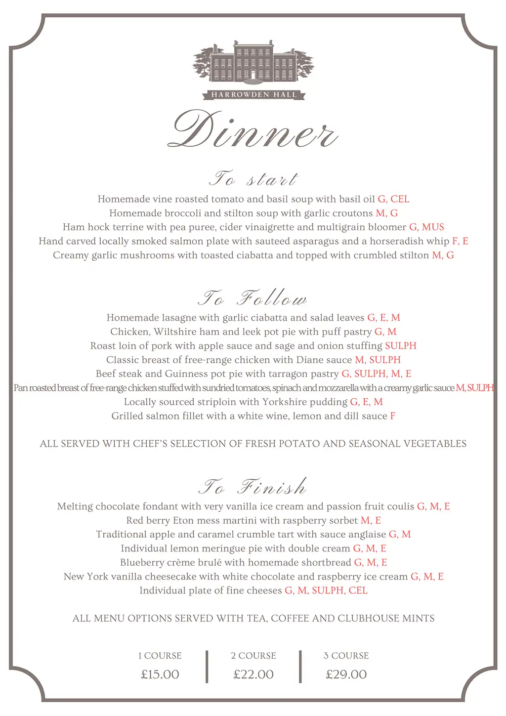 Golf Society dinner menu Golf lunch menu
